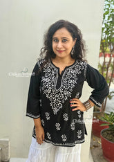 Tanisha Short Rayon Chikankari Kurti - Black